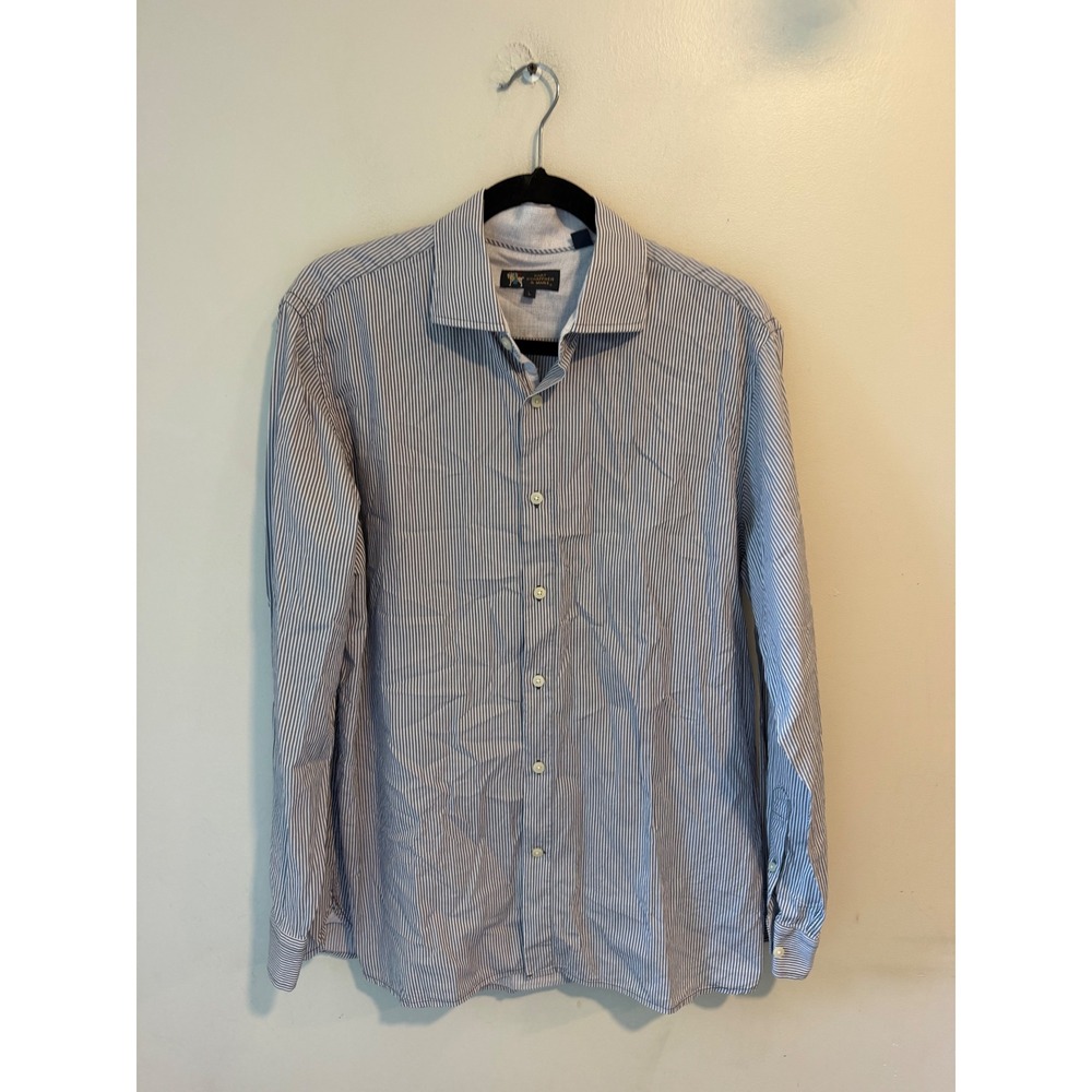 Hart Schaffner Marx Mens Large Blue White Striped Cotton Long Sleeve Button Down